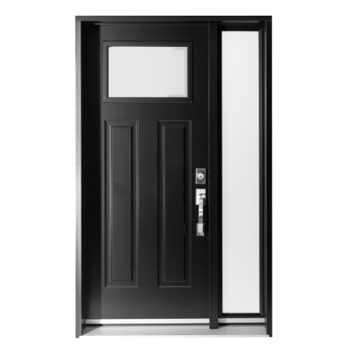 Porte d’entrée de maison personnalisable noire en acier avec verre dans le haut avec poignée et serrure argent à droite