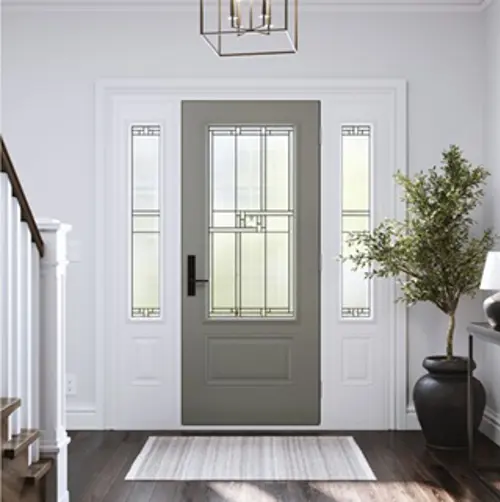 Porte d’entrée Orléans gris orageux Vaillancourt Portes et Fenêtres avec deux latéraux dans le hall d'entrée d'une maison de style champêtre.