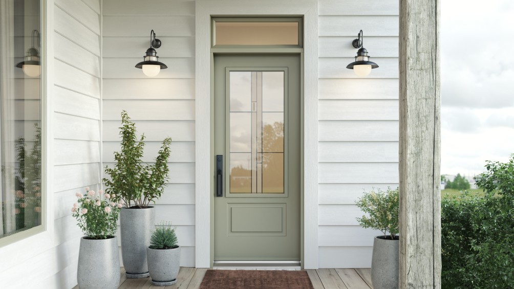 Entry door with Arima stained glass panel and transom