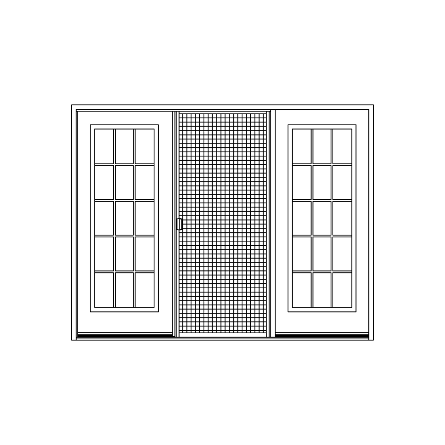 Illustration of a garden door configuration with two glass panels separated by grilles and screen door in the center