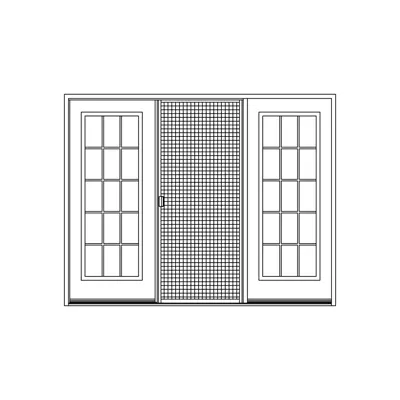 Illustration de configuration de porte-jardin avec deux panneaux vitrés séparés par carrelage et porte moustiquaire au centre