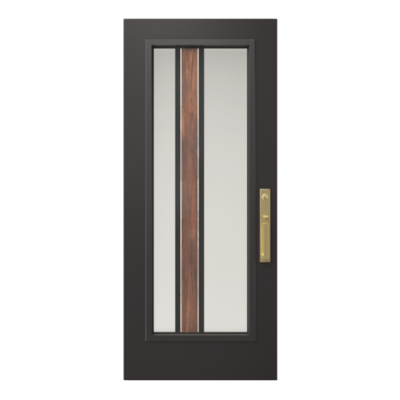 Porte d’entrée de maison noire en acier avec verre Zen 23" x 65" avec deux lignes verticales noires et une ligne effet bois noyer