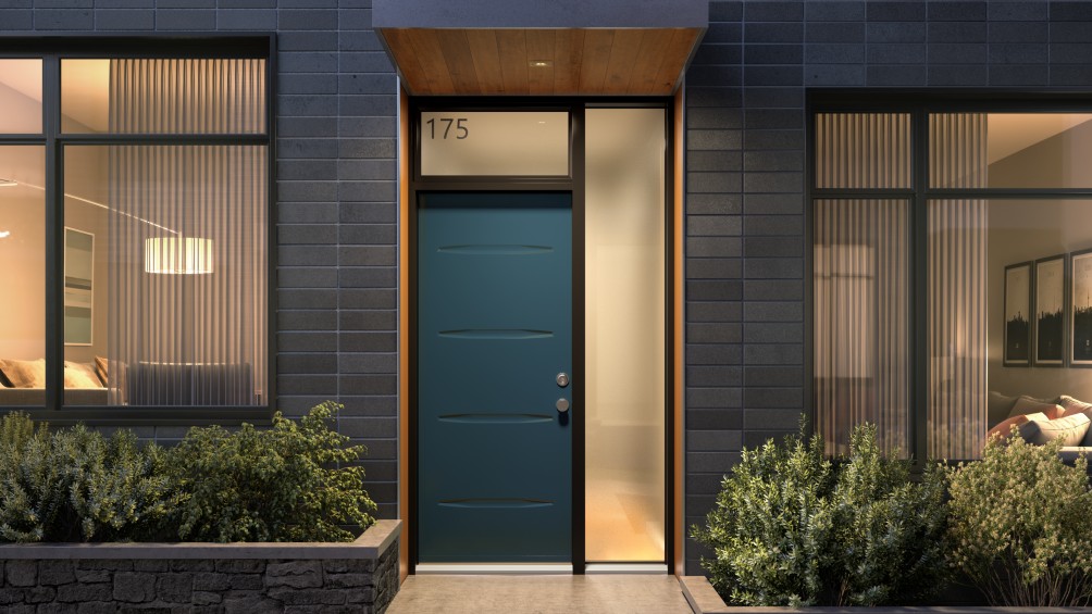 Blue Tao entry door with transom and sidelight