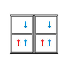 Hung window configuration. Simple; red arrows down to up. Double; blue arrows down to up and up to down