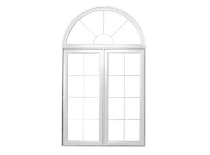 Fenêtre architecturale sur mesure en PVC blanc avec deux panneaux style complet et demi rond sur le dessus de la fenêtre