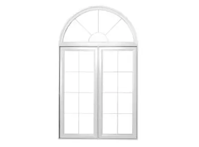 White PVC custom architectural window with two colonial panels and half-round shape on top of the architectural window