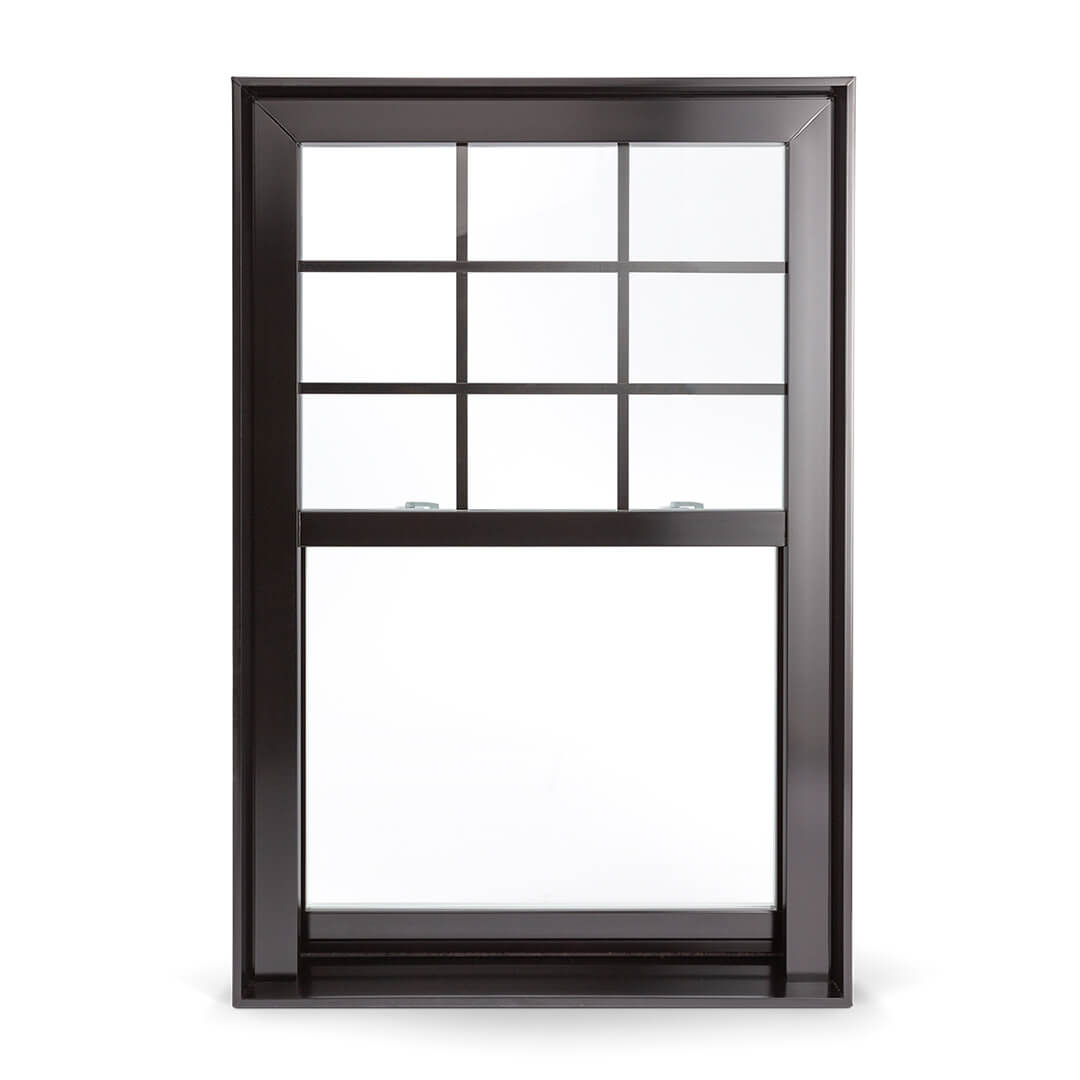 Fenêtre à guillotine noire avec carrelage intégré en PVC en haut et vitre pleine au bas, de Vaillancourt Portes et Fenêtres