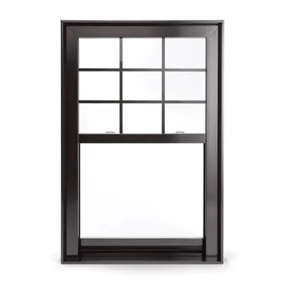 Black hung windows with integrated PVC grilles at the top and solid glass at the bottom, from Vaillancourt doors and windows