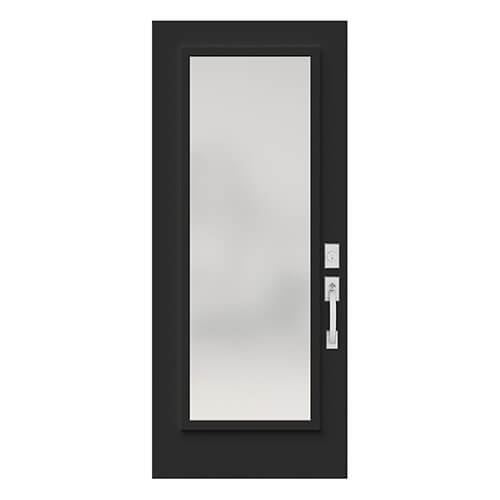 Porte d’entrée de maison personnalisable noire en acier avec verre satiné au centre avec poignée et serrure argent à droite