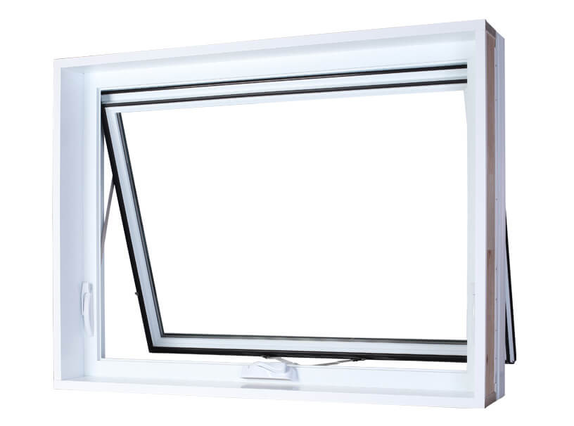 Vue intérieure d’une fenêtre à auvent en PVC blanc. Ouverture à bascule du bas vers l’extérieur et barrure robuste au centre