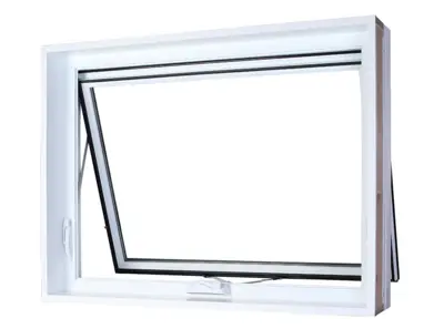 Interior view of a white PVC awning window. Tilt opening from the bottom to the outside and sturdy lock in the center