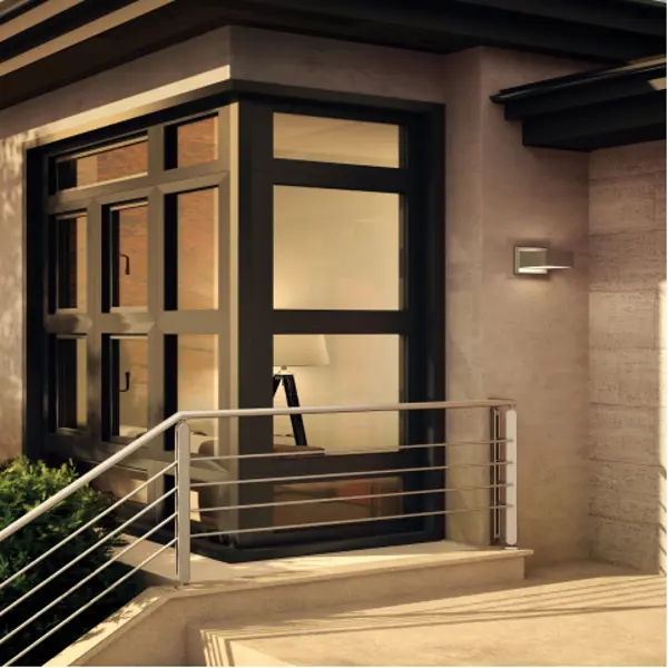 Large black window on the corner of a building for the benefit of buying your windows from Vaillancourt Doors and Windows.