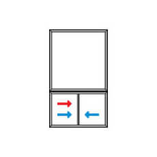 Configuration fenêtre coulissante 2 sections combinées. Simple (flèche rouge vers droite) et double (flèches bleues 2 sens).