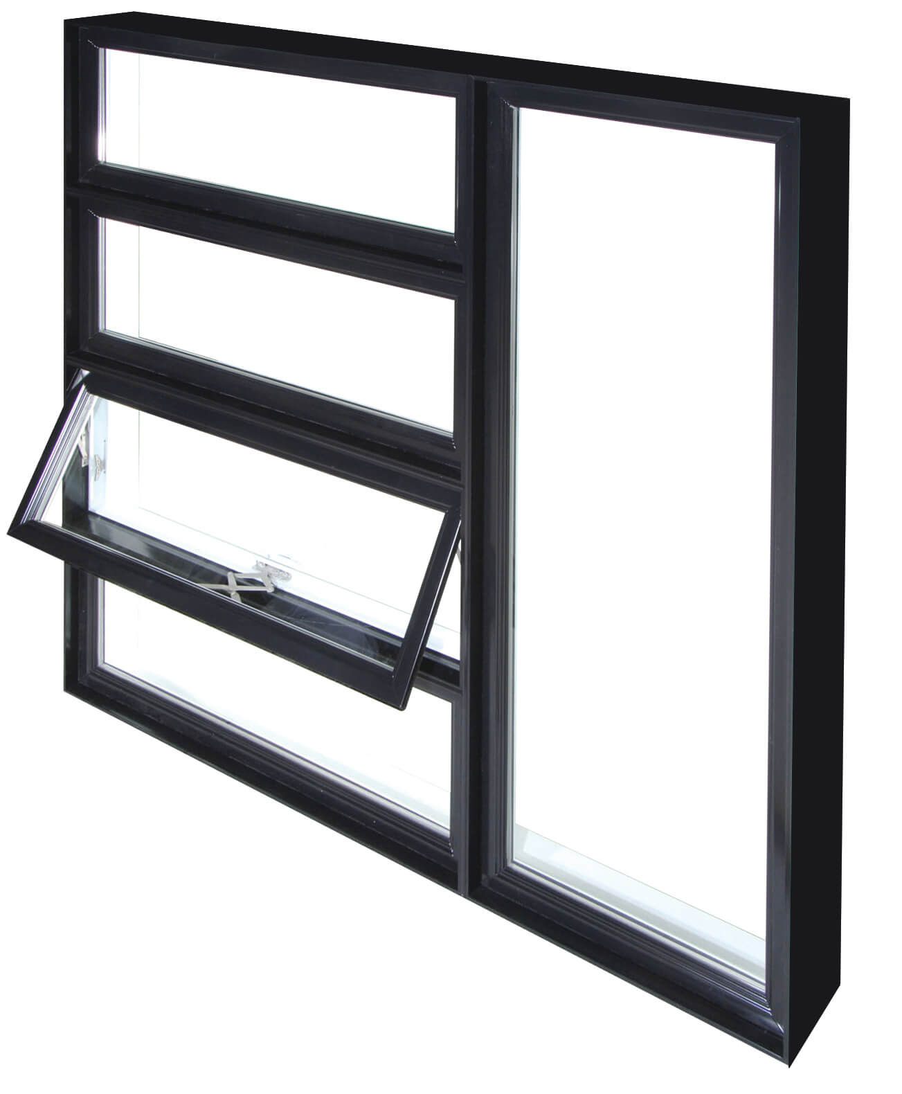 Fenêtre à auvent modèle duo auvent-battant cadre noir : 4 vitres rectangulaires horizontales à gauche et 1 verticale à droite