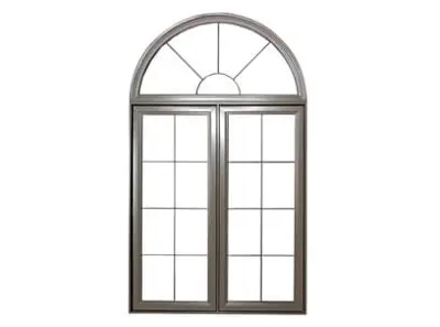 Vaillancourt custom architectural window with a half-moon hybrid shape at the top of the two vertical panes of glass