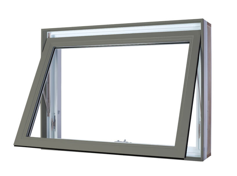 Exterior view of an open and painted awning window. The Vaillancourt awning window can be in PVC or hybrid with aluminum