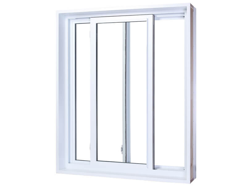 Fenêtre coulissante en PVC blanc avec panneau au centre pour montrer le déplacement possible pour une ouverture en douceur
