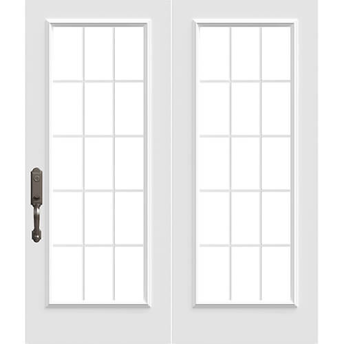 Porte-jardin avec carrelage en acier blanc avec deux panneaux de vitre et avec une poignée longue sur la porte de gauche
