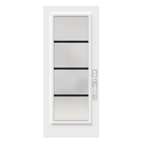 White steel home entry door with 23" × 65" Pure glass separated in 3 by black horizontal lines and sandblasted glass finish
