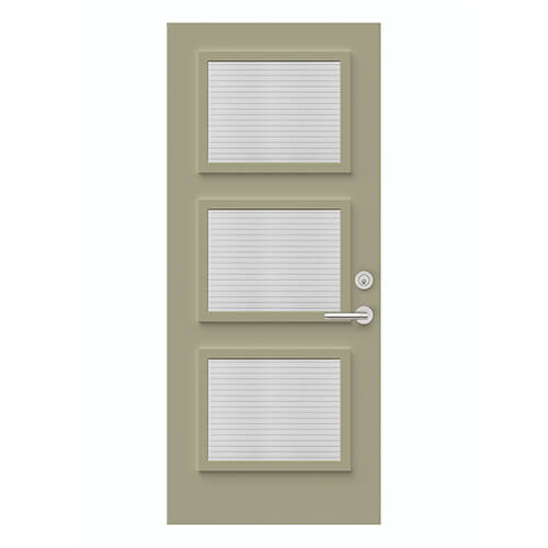 Porte d’entrée de maison en acier de couleur kaki avec verres Masterline en trois rectangles et une poignée de porte à droite