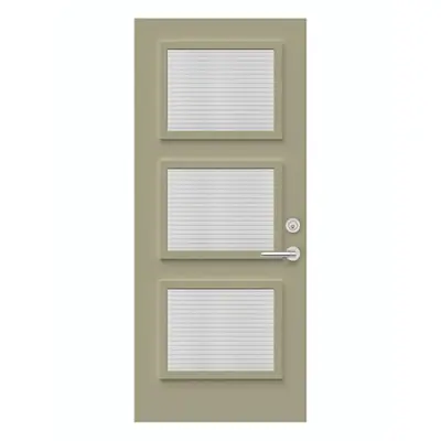 Porte d’entrée de maison en acier de couleur kaki avec verres Masterline en trois rectangles et une poignée de porte à droite