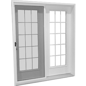 Vaillancourt white French steel door with two total grille panels, screen door, and handle on the left side of the door