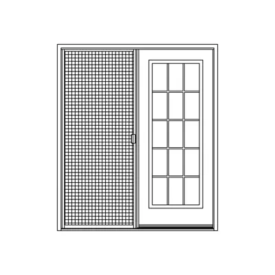 Illustration configuration porte-jardin à porte double : carrelage à droite, porte moustiquaire à gauche et poignée centrée