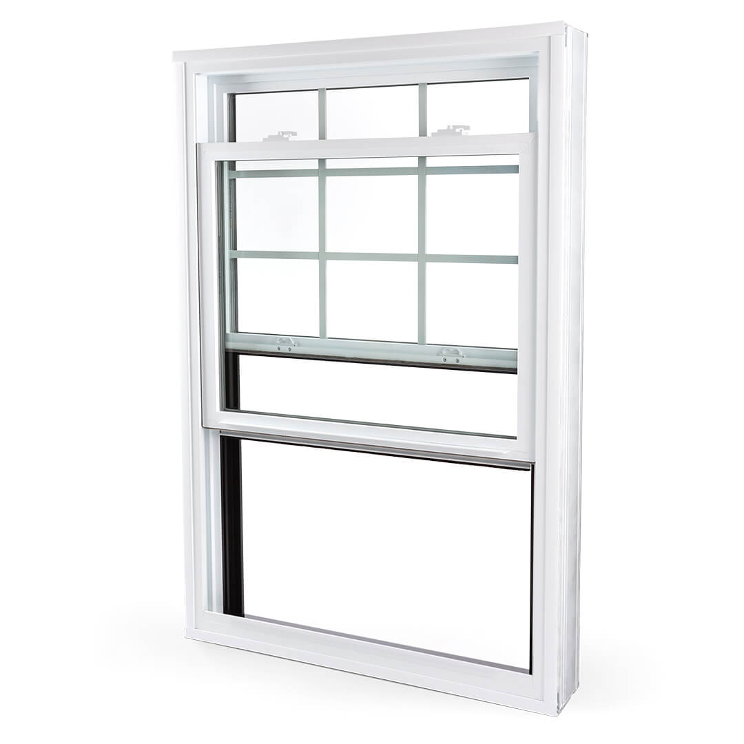 Fenêtre à guillotine ouverte et vue de l’intérieur, en PVC blanc avec neuf carrelages en haut de la fenêtre