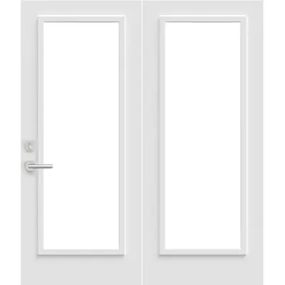 Porte-jardin en acier avec verre clair ayant une configuration à deux grands latéraux blancs et une poignée de porte à gauche