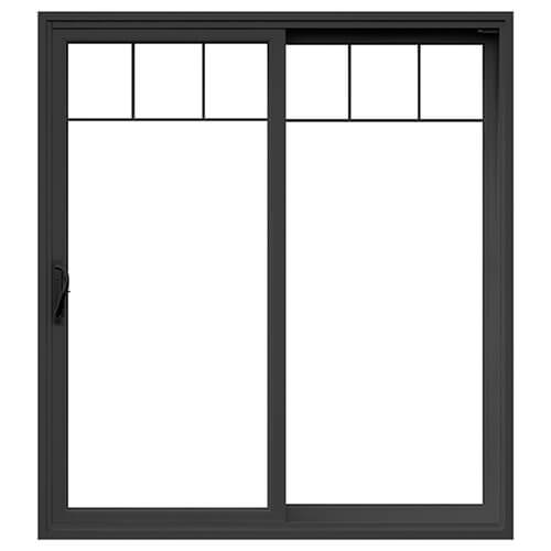 Porte coulissante PVC et hybride aluminium noir, modèle porte-patio 550 avec carrelage triple en haut des 2 panneaux de vitre